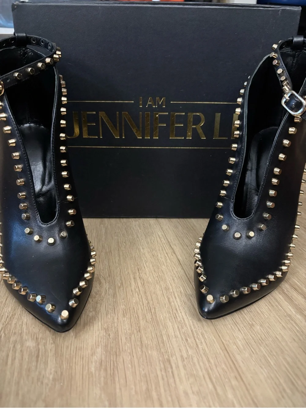 Black Pointed Stiletto Heels with Gold Stud Trim